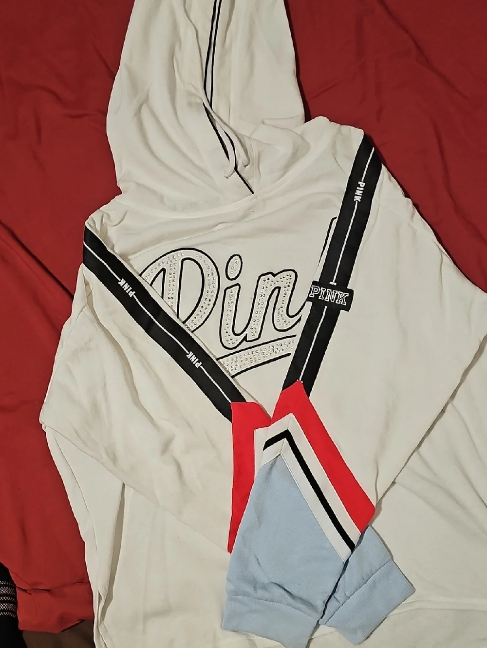 PINK Victoria's Secret White Hoodie with Red, Black & Light Blue Accents - Picture 2 of 3
